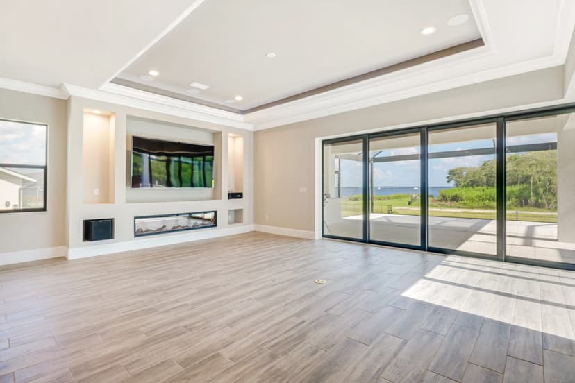 Custom home living area with sliding glass doors