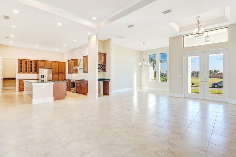 Custom home living area and kitchen